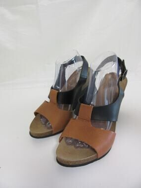 PEDRO INIESTA Tan & Black 9US Spain Open Toe Leather Wedge Cork Sandals